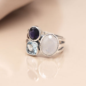 Pom - Sterling silver tripe stone ring with rainbow/iolite/blue topaz - size 57 (med)