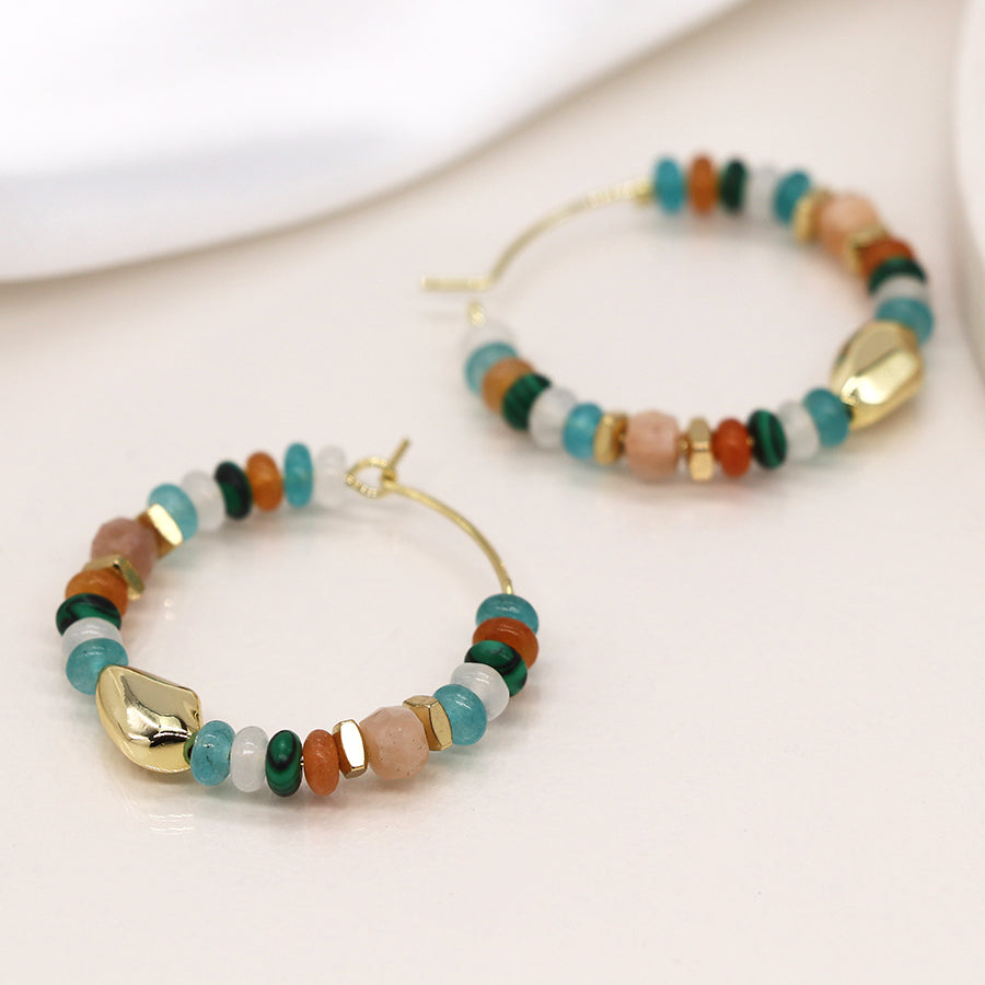 Pom - aqua/coral orange mix beaded creole hoop earrings with faux gold plated pebble beads