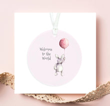 Load image into Gallery viewer, Baby Girl Ornament – Glossy Ceramic Hanging Decoration With Satin Ribbon &amp; Organza Bag welcome to the world

