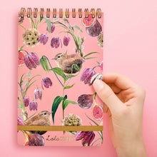 Load image into Gallery viewer, Wren pattern top spiral notepad with elastic closure
