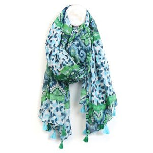 Pom - Aqua &amp green camo print cotton scarf with border detail and tassles