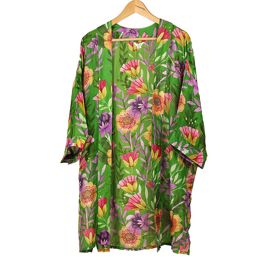 Pom - Emerald green/violet botanical print longer length kimono