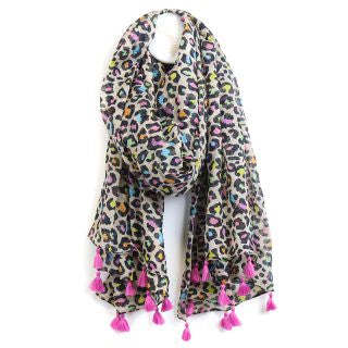 Pom - Funky multicolour animal print cotton scarf with magenta tassels