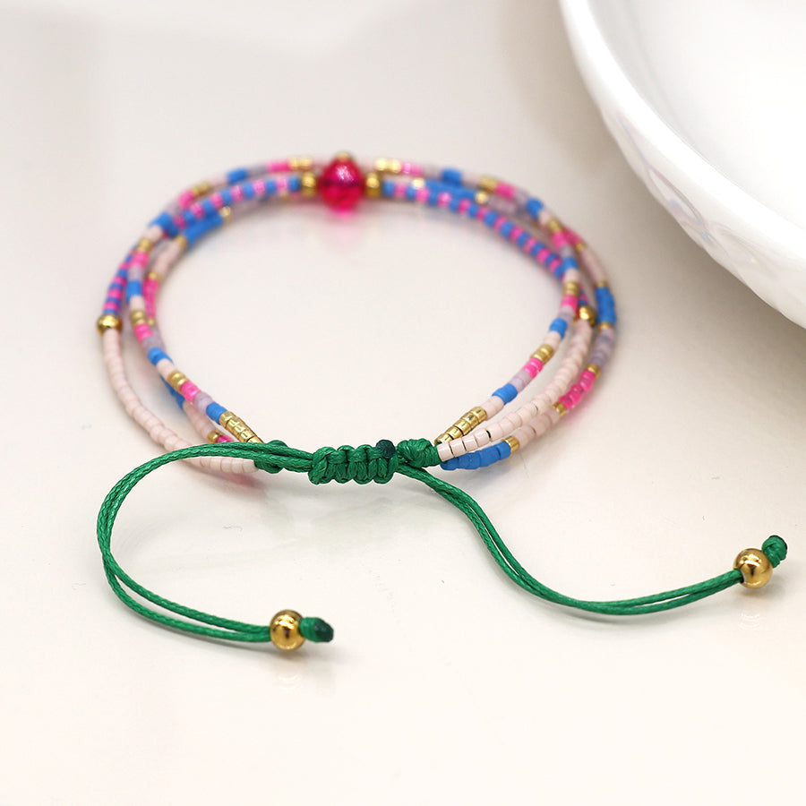 Pom - pink/blue triple strand adjustable boho bracelet