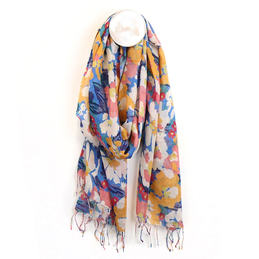 Pom - Blue/yellow mix floral silhouette print soft modal scarf with twist tassel fringe