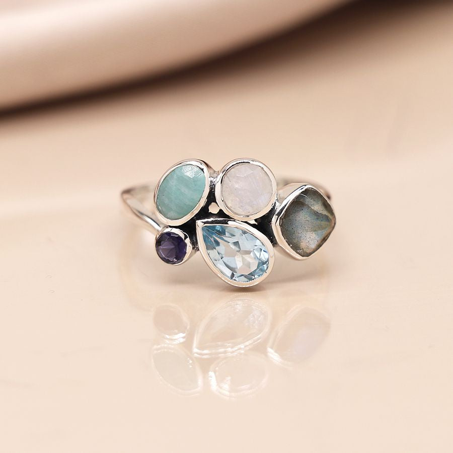 Pom - Sterling silver multistone ring with amazinite/iolite/bt/rms/labradorite - size 59 (large)