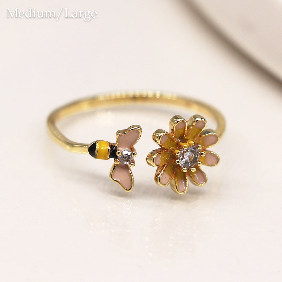 Pom - Gold plated open band enamel flower and bee ring size 59
