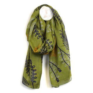 Pom - Olive green illustrative fern print organic cotton scarf