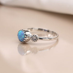 Pom - Simple silver fancy cab ring with opal &amp cz - size 59 (large)