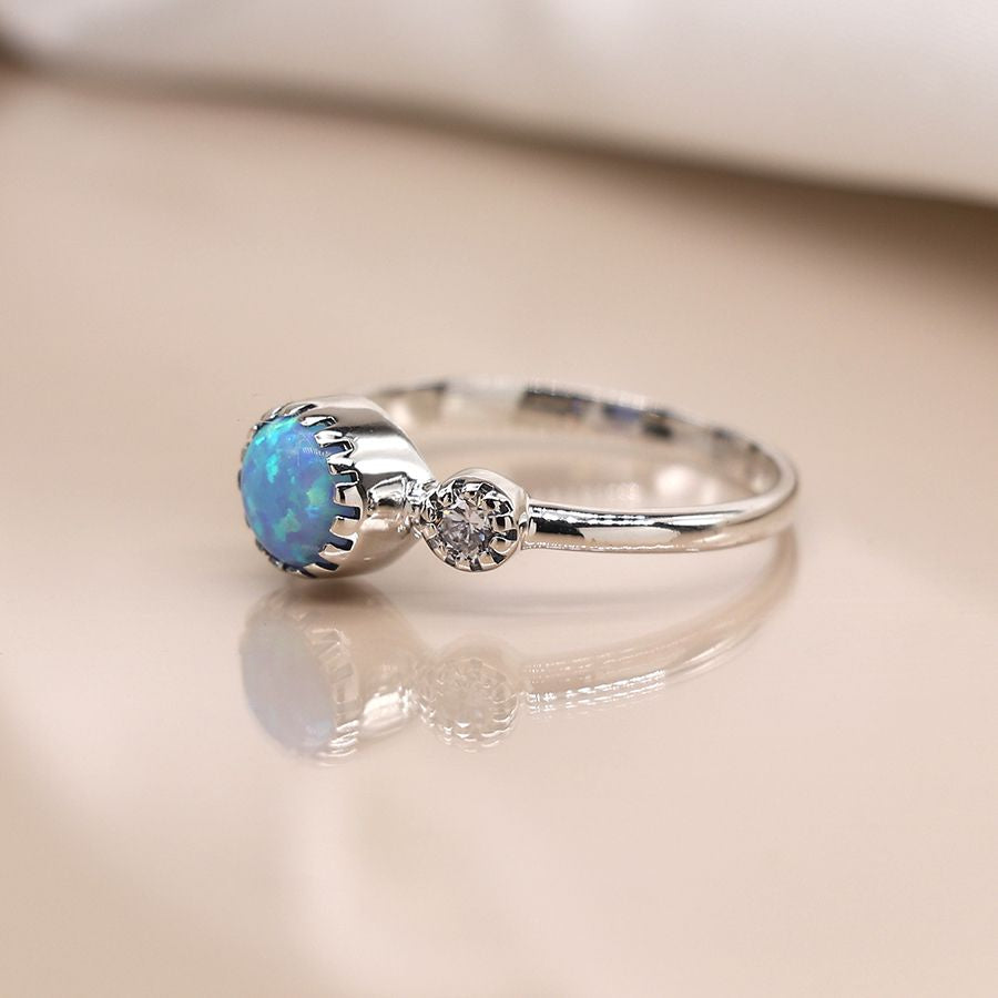 Pom - Simple silver fancy cab ring with opal & cz - size 59 (large)