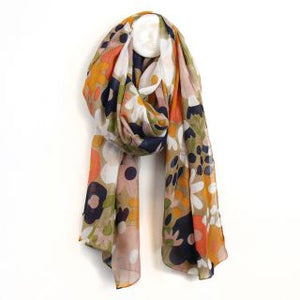 Pom - Orange/coffee retro floral print organic cotton scarf
