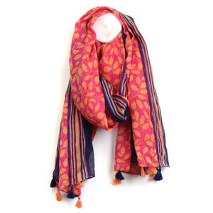 Pom - Bright red &amp orange leaf print cotton scarf with tassels striped border