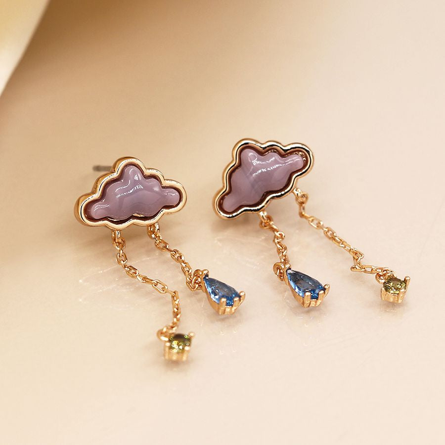 Pom - Grey/lilac cloud earrings with crystal raindrops