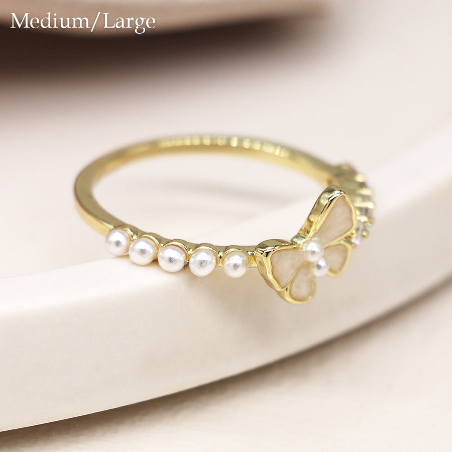 Pom - gold plated butterfly ring with crystals size med/large