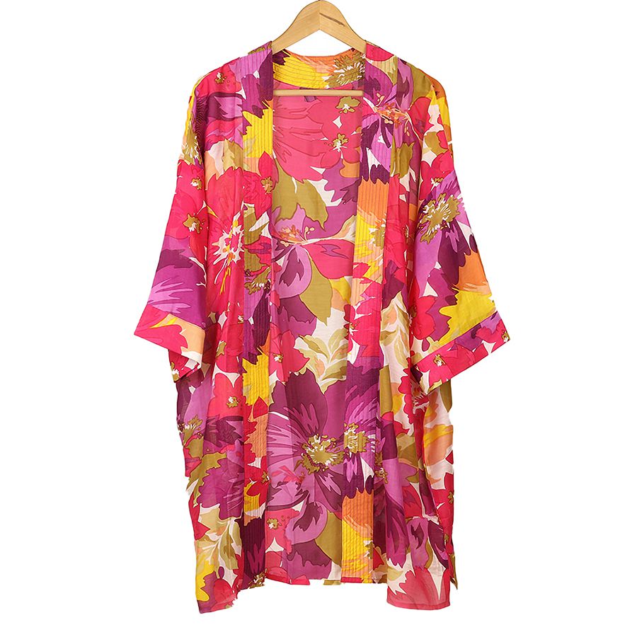 Pom - Bright pink mix abstract floral print longer length kimono