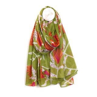 Pom - Green/orange flannel flower print organic cotton scarf