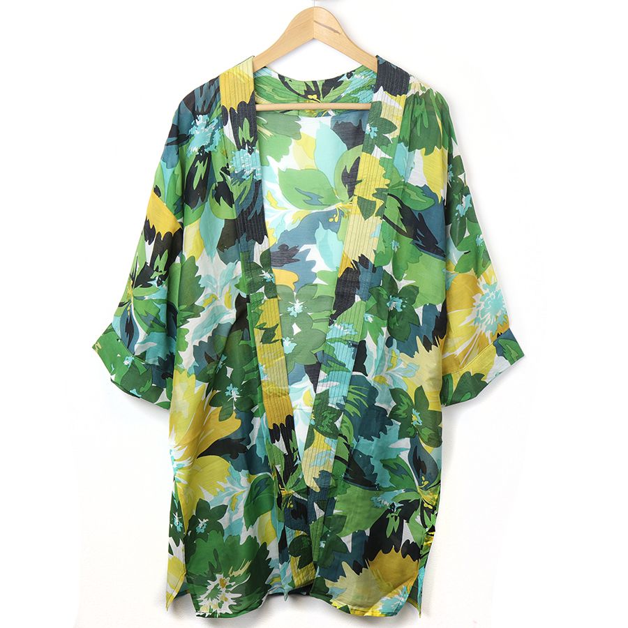 Pom - Green/mustard mix abstract floral print longer length kimono