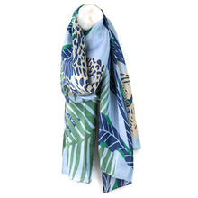 Load image into Gallery viewer, Pom - Blue Palm Leaf/Animal Print Silk Scarf
