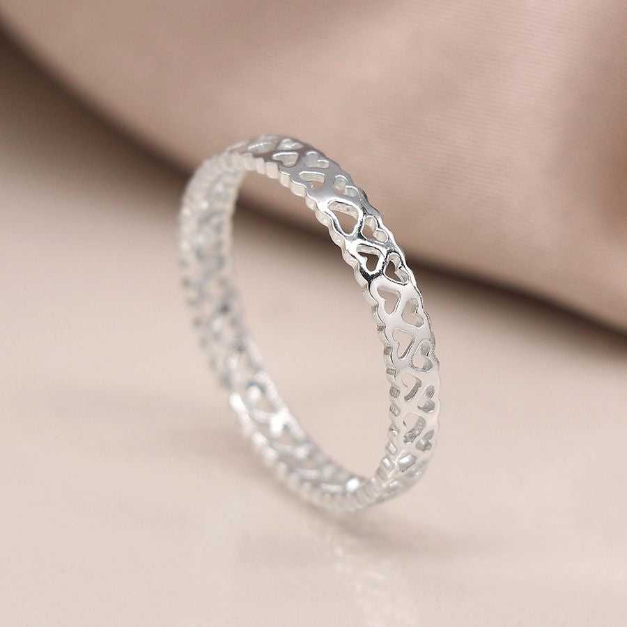 Pom - Sterling silver filigree hearts band ring - size 57 (medium)