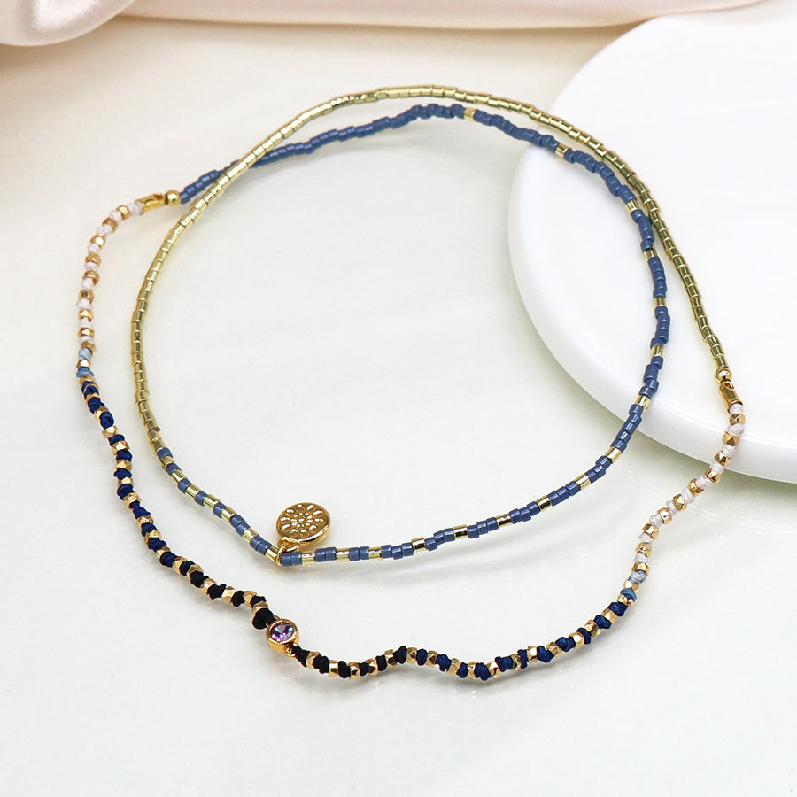 Pom - denim blue and faux gold tiny bead layer wrap bracelet