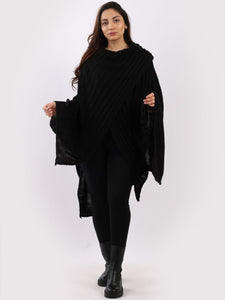 Wrapover Rib Knitted Poncho -Black