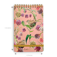 Load image into Gallery viewer, Wren pattern top spiral notepad with elastic closure
