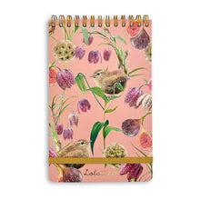 Load image into Gallery viewer, Wren pattern top spiral notepad with elastic closure
