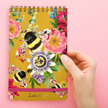 Load image into Gallery viewer, Mustard bee pattern top spiral notepad with elastic closure
