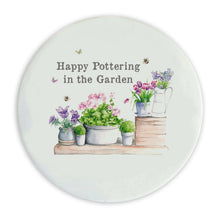 Load image into Gallery viewer, Ceramic Coaster – Heat Resistant Cork Backed Drinks Coaster for Home Decor happy pottering in the garden
