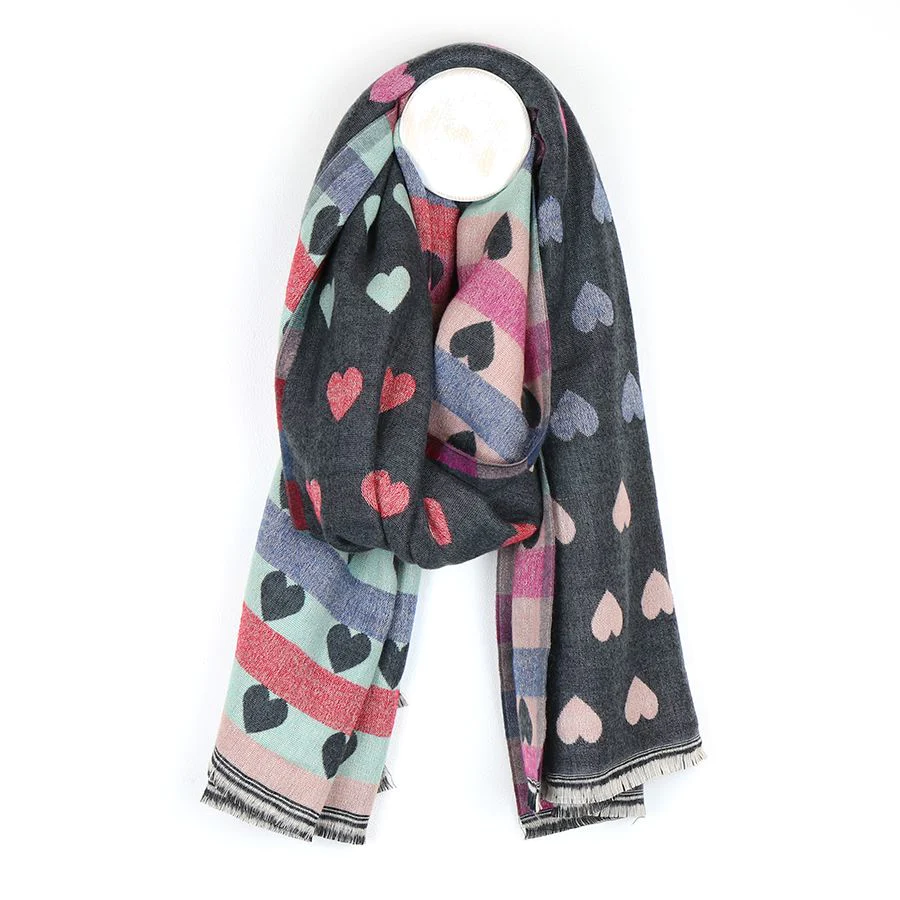 Pink/Grey/Berry Reversible Dot And Heart Jacquard Scarf