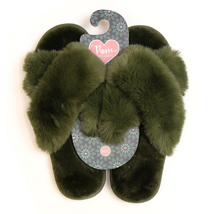 Dark Olive faux fur cross over luxury slipper