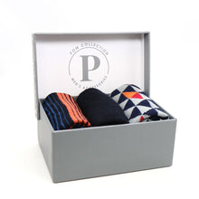 Load image into Gallery viewer, Pom - Blue/Orange/BlackMix Ombré Stripe and Triangle Men’s Bamboo 3pair Sock Box Set
