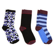 Load image into Gallery viewer, Pom - Navy &amp;amp, Blue Mix Stripe and Diamond Pattern Men’s Bamboo 3pair Sock Box Set
