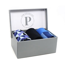 Load image into Gallery viewer, Pom - Navy &amp;amp, Blue Mix Stripe and Diamond Pattern Men’s Bamboo 3pair Sock Box Set
