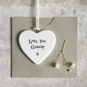 East of India Ceramic hanging heart - love you granny