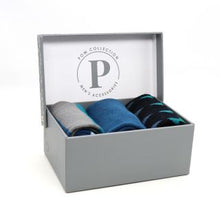 Load image into Gallery viewer, Pom - Blues &amp;amp, Greens Stripe and Triangle Men’s Bamboo 3pair Sock Box Set

