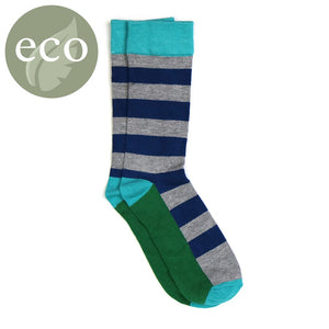 Pom - Men’s blue/grey/tan broad striped single pair bamboo socks