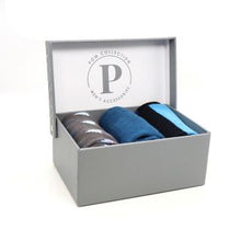 Load image into Gallery viewer, Pom - Grey &amp;amp, Blue Mix Stripe and Triangle Men’s Bamboo 3pair Sock Box Set
