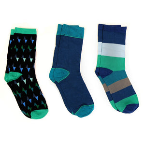 Pom - Blues &amp, Greens Stripe and Triangle Men’s Bamboo 3pair Sock Box Set
